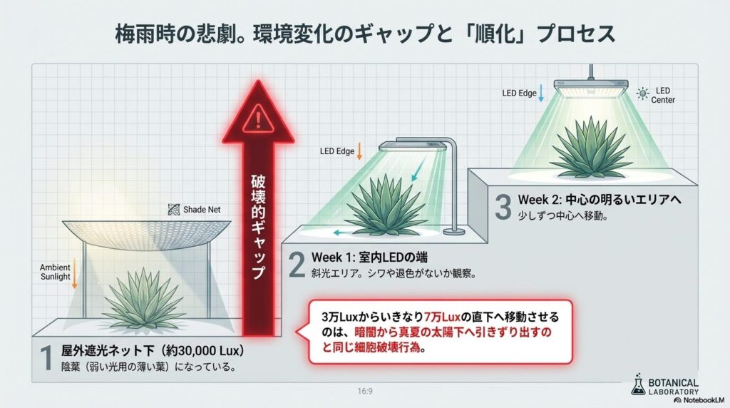 屋外遮光下から室内LED直下への環境変化と順化のプロセス