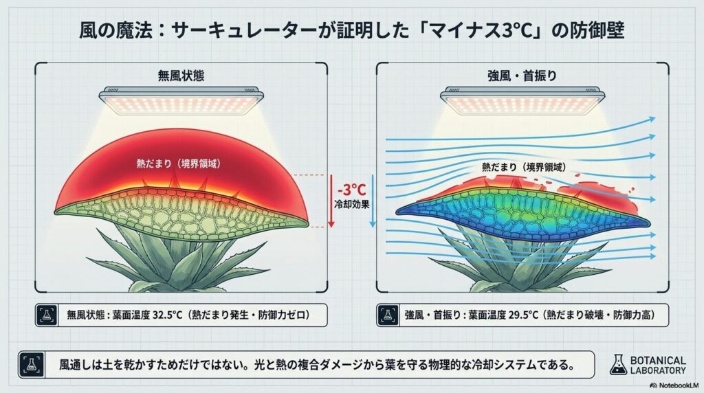 無風状態と強風時の葉面周辺の温度変化と冷却効果の比較図
