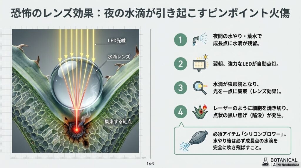 水滴がレンズとなりLED光を集束させて葉を焦がすメカニズム