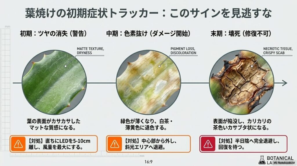 葉焼けの初期(ツヤ消失)、中期(色素抜け)、末期(壊死)の症状を示すマクロ写真