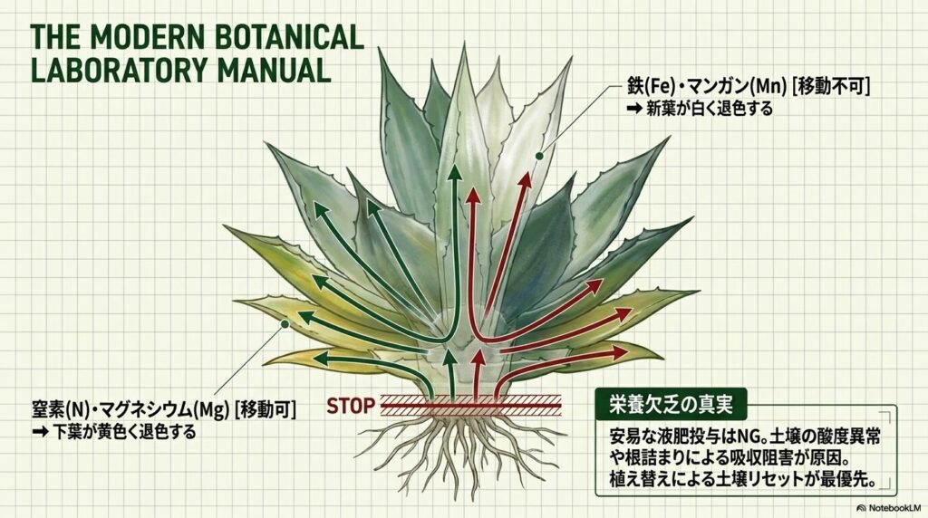 鉄やマンガンの移動不可による新葉の白化と、窒素やマグネシウムの移動可による下葉の黄化のメカニズム