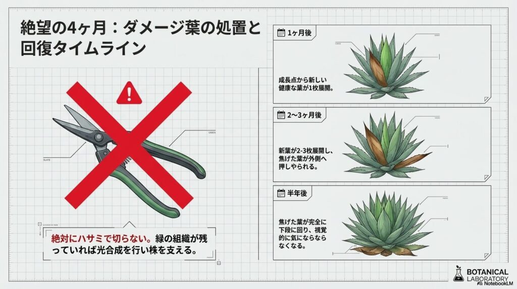ダメージを受けた葉の処置(ハサミで切らない)と回復までのタイムライン