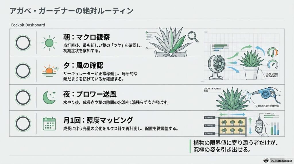 アガベ・ガーデナーの日常ルーティン(朝の観察、夕の風確認、夜の送風、月1の計測)
