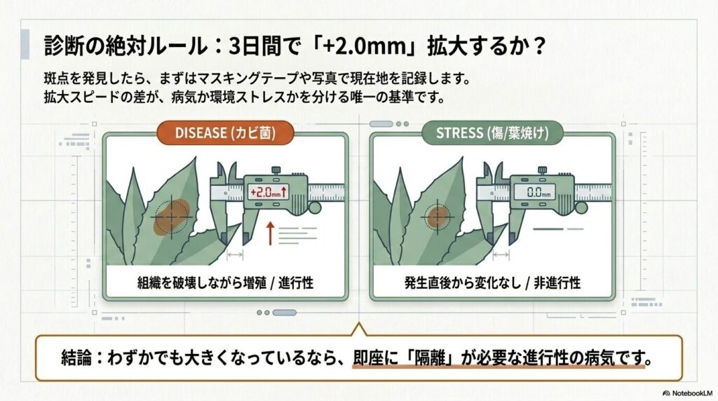 ノギスを用いたアガベの斑点拡大スピードの計測方法