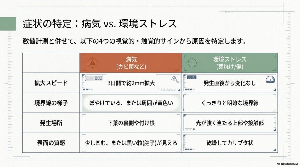 病気と環境ストレスによる茶色い斑点の症状の違いを比較した表