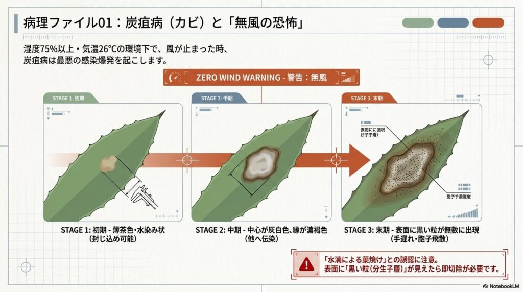 炭疽病の初期、中期、末期のステージ別症状と特徴