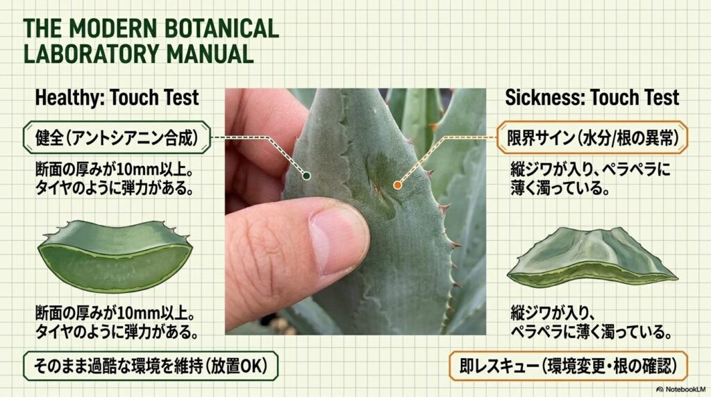 アガベの健康な葉の断面図と、縦ジワが入りペラペラになった不調な葉の断面図の比較