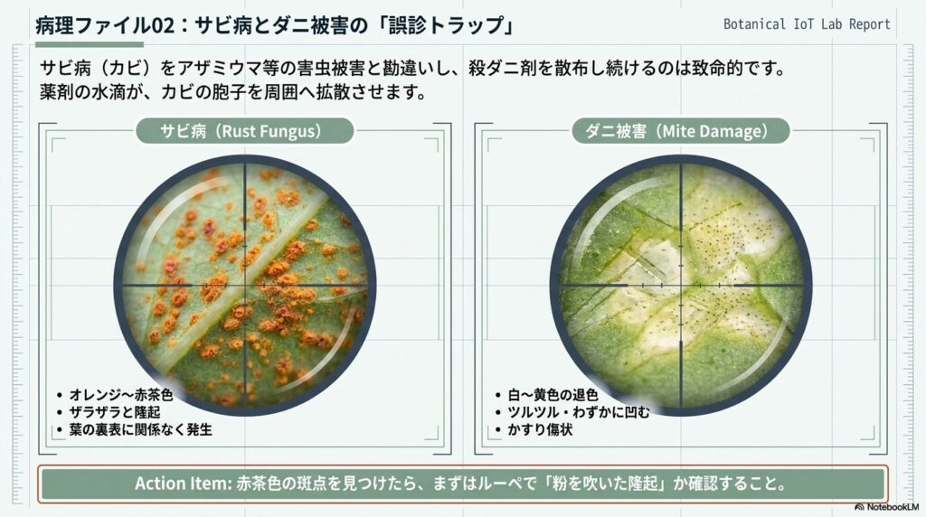 サビ病とダニ被害の葉の表面の症状比較