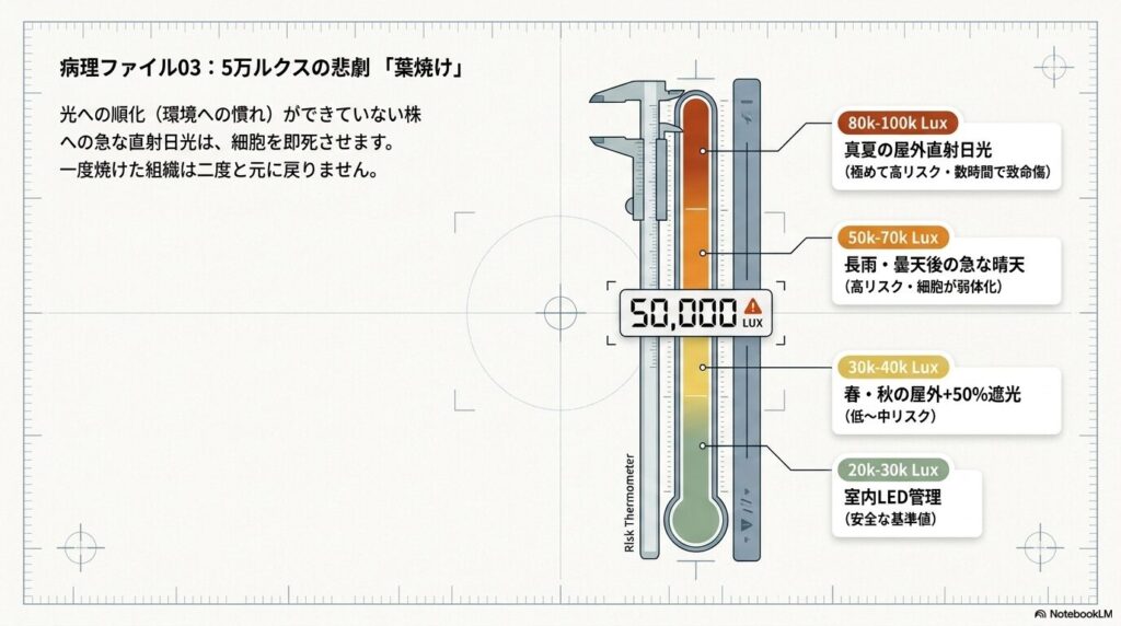 照度（ルクス）別の葉焼けリスクを示す温度計型グラフ