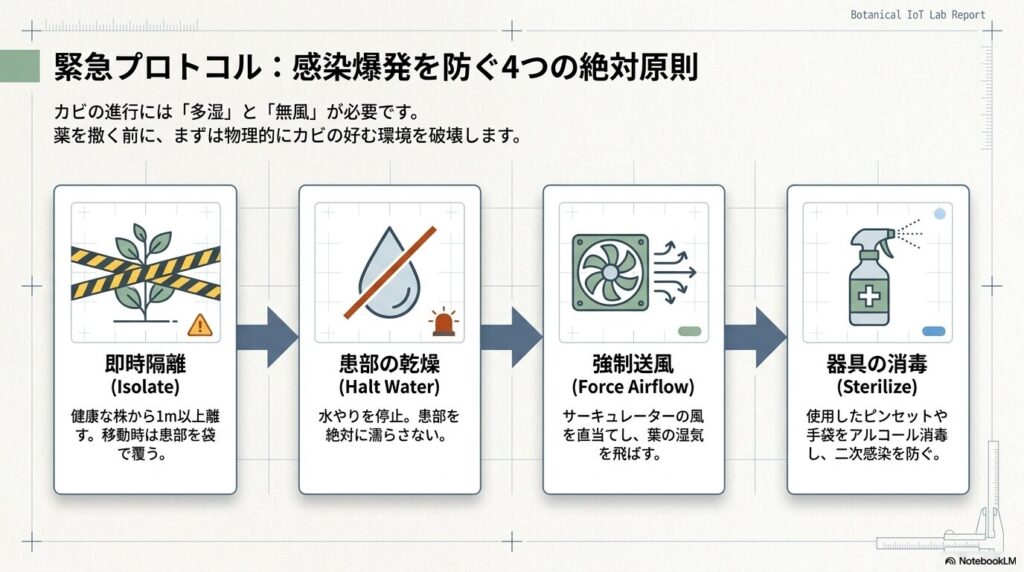 隔離、乾燥、送風、消毒の4つの緊急プロトコル