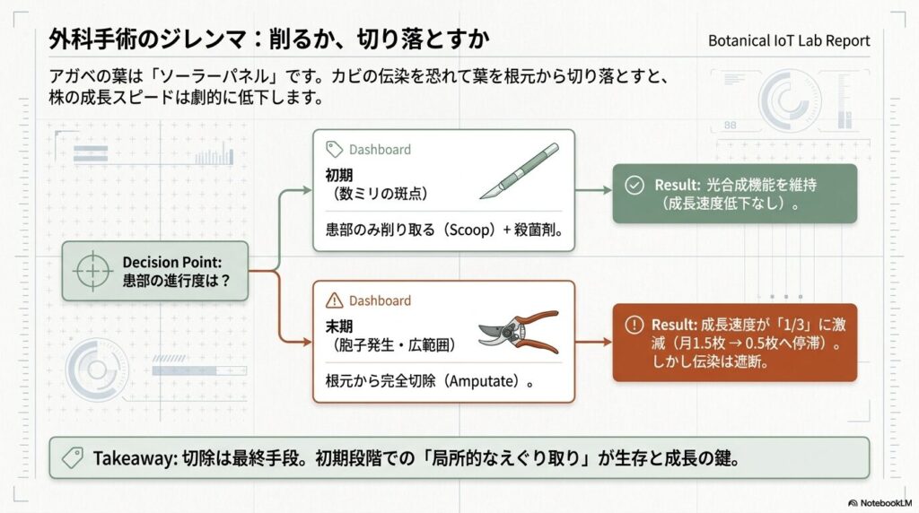 斑点の進行度に応じた「削り取り」と「切除」の判断基準