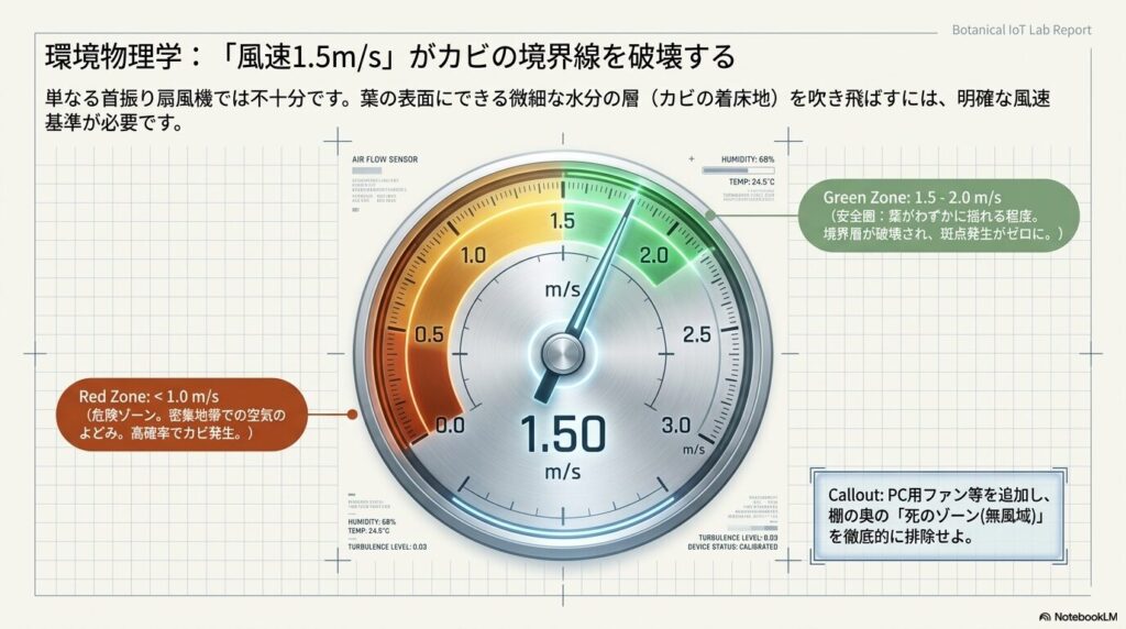 斑点発生を防ぐための風速1.5m/sの安全圏を示すメーター