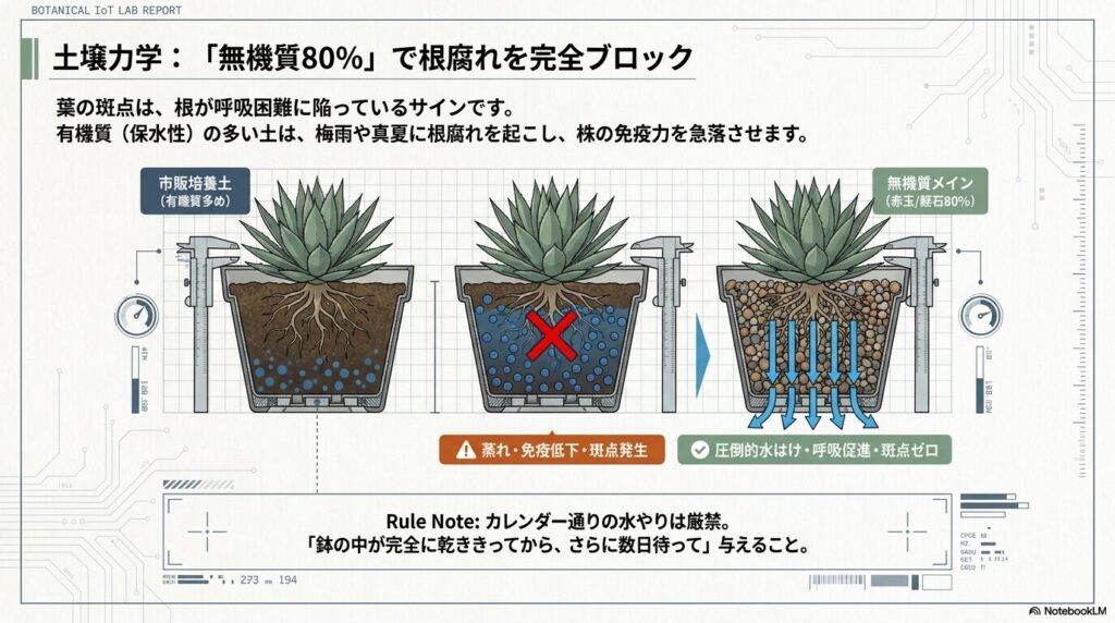 市販培養土と無機質メインの土壌における水はけと根の比較