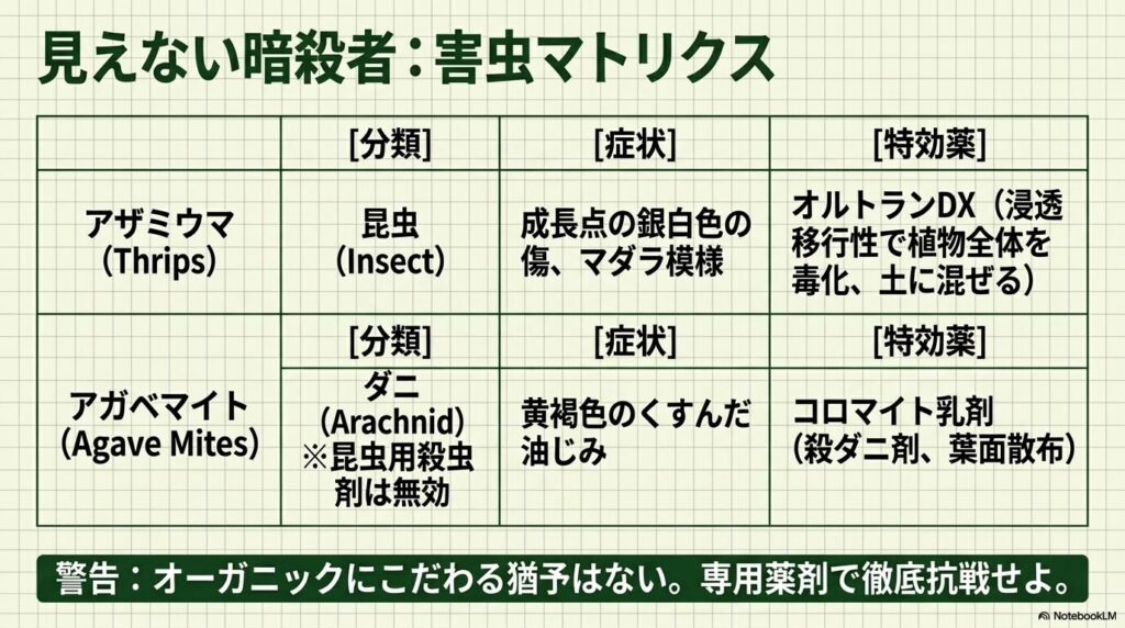 アザミウマとアガベマイトの症状と専用特効薬をまとめた害虫マトリクス表