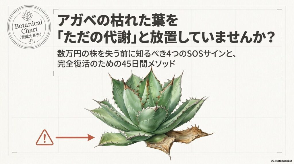 アガベの枯れた葉を「ただの代謝」と放置していませんか？という問いかけと、数万円の株を失う前に知るべき4つのSOSサイン、完全復活のための45日間メソッドというタイトルが書かれたスライド
