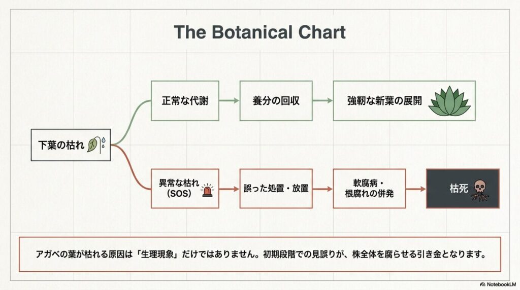下葉の枯れが「正常な代謝」か「異常な枯れ（SOS）」かによって、その後の展開が大きく変わることを示すフローチャート