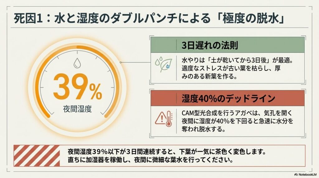 夜間湿度が40%を下回ると急速に脱水症状が起こることを解説したスライド。「3日遅れの法則」と「湿度40%のデッドライン」について記載されている。