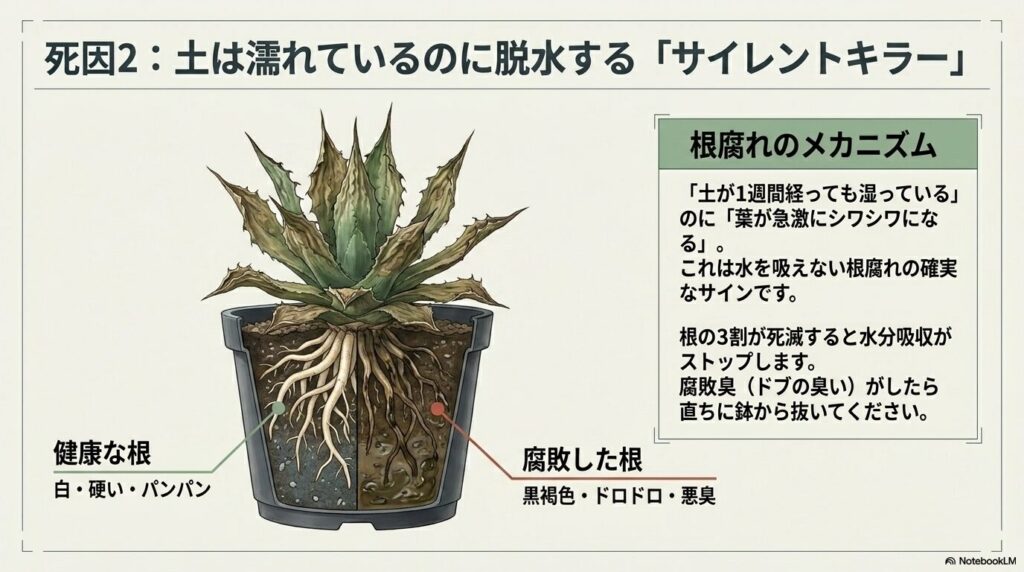 鉢の中の根の状態を描いたイラスト。左半分は白く健康な根、右半分は黒褐色でドロドロに腐敗した根（根腐れ）が描かれている。