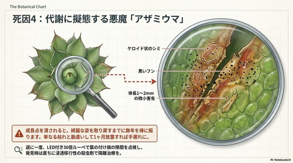 アザミウマ被害の特徴を解説したスライド。葉の根元にケロイド状のシミや黒いフンがあること、放置すると成長点を潰される危険性があることが書かれている。