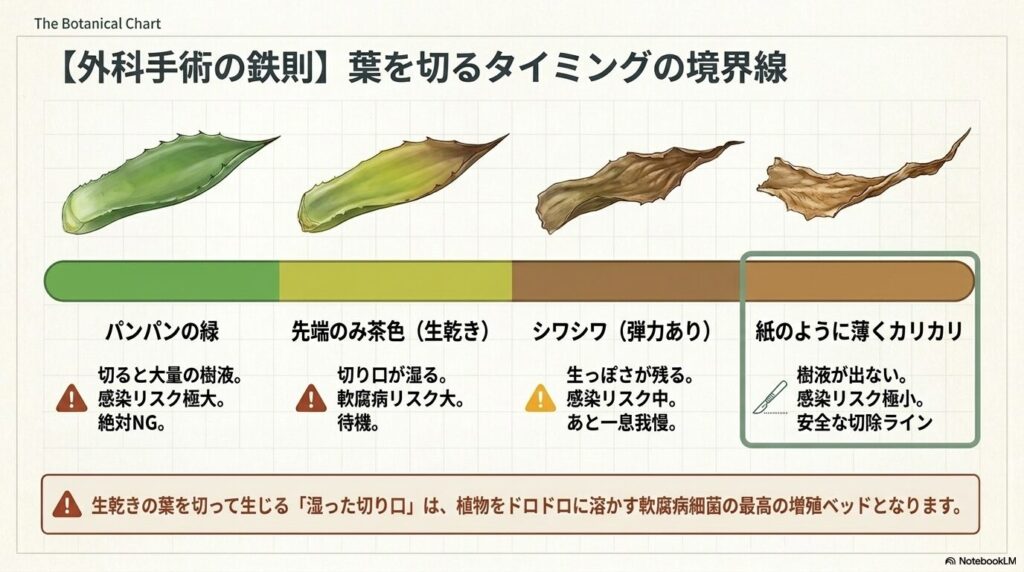 葉の乾燥状態と切除のリスクを示した図。緑色の生きた葉は絶対NG、先端のみ茶色（生乾き）やシワシワの状態も感染リスクがあり待機、完全に薄くカリカリになった状態が安全な切除ラインとされる。